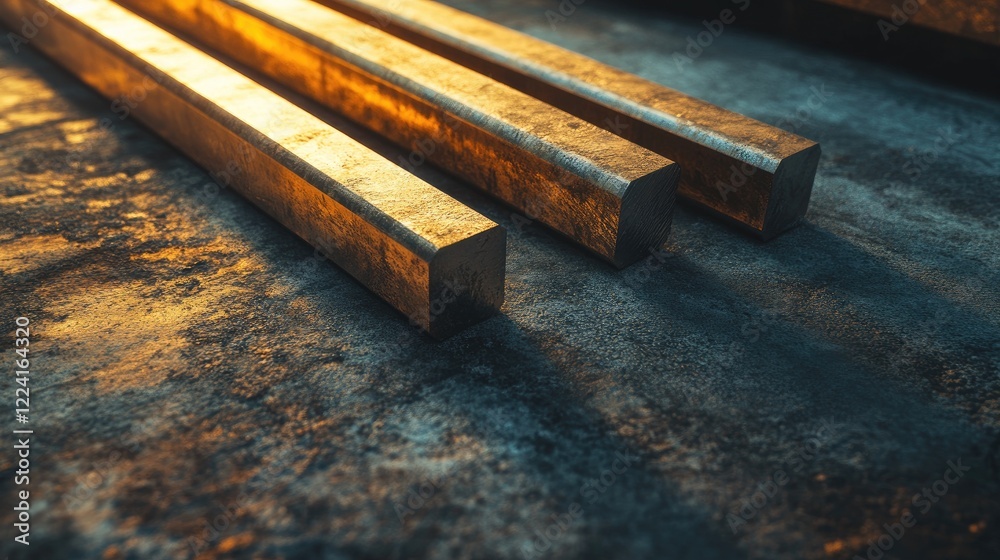 Poster metallic bars lying on a rough concrete floor, with the soft glow of evening light casting intricate