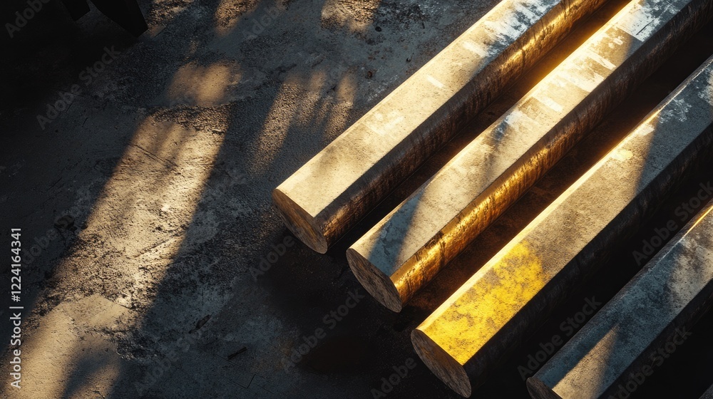 Poster metallic bars lying on a rough concrete floor, with the soft glow of evening light casting intricate