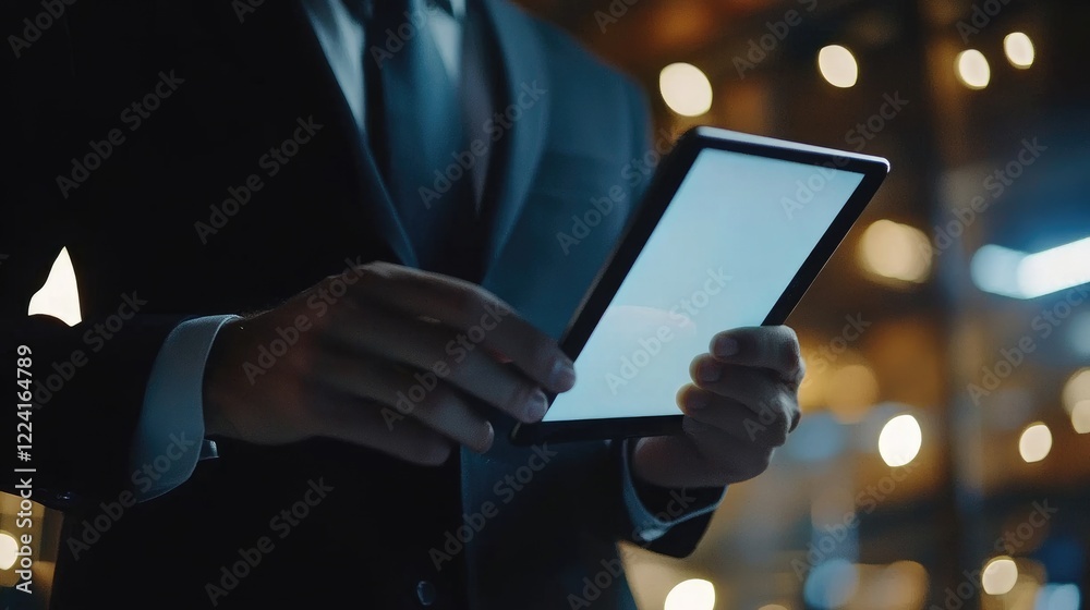 Poster office manager planning business events using a digital tablet, organizing schedules with electronic