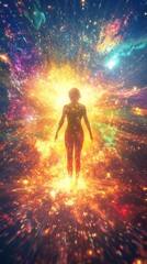 Obraz premium Mystical Silhouette of a Human Figure Surrounded by Vibrant Cosmic Energy and Colorful Light Bursts
