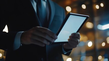 Office manager planning business events using a digital tablet, organizing schedules with electronic organizer for efficient management