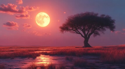 Fototapeta premium Peaceful African savanna at sunset, with the glowing moon illuminating a solitary acacia tree, creating a tranquil and majestic landscape
