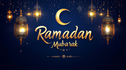 Ramadan Mubarak Greeting Card with Lanterns and Crescent Moon