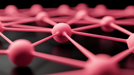 A close-up view of a pink network structure, showcasing nodes and connections on a dark background, emphasizing geometric design and scientific themes.