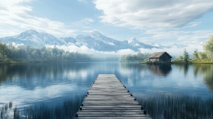 Peaceful wooden dock leading toward a quaint boathouse, set against the beauty of serene water and majestic mountain views