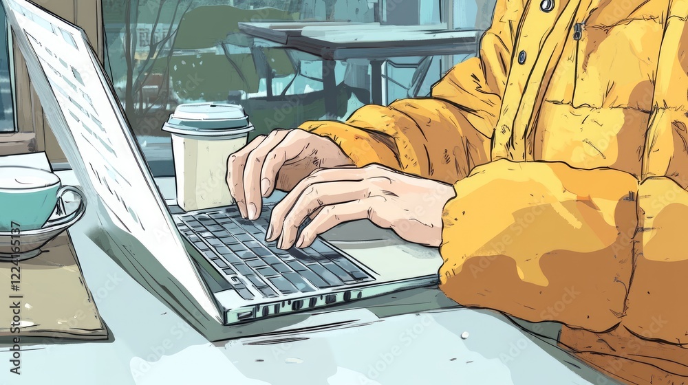 Poster person working on a laptop in a cafe, typing on a keyboard, with a cup of coffee and a relaxed work 