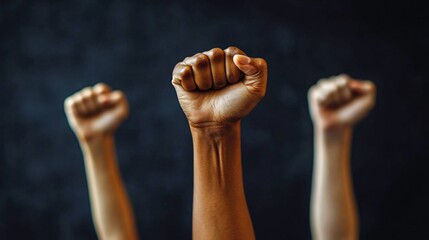 Diverse fists raised in solidarity, symbolizing strength and empowerment, ideal for Black History Month promotions, social justice campaigns, and community events.