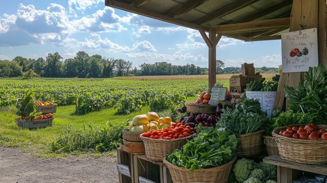 Picture-perfect farmstand featuring a variety of fresh vegetables in baskets, surrounded by lush green fields and rural beauty