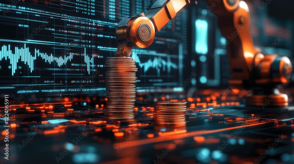 Poster Robotic arms assembling stacks of coins on a high-tech background filled with digital data and financial charts, symbolizing automation in wealth creation