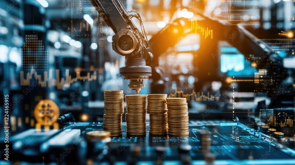 Aufkleber Robotic arms assembling stacks of coins on a high-tech background filled with digital data and financial charts, symbolizing automation in wealth creation