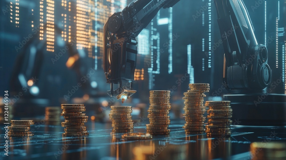 Poster Robotic arms assembling stacks of coins on a high-tech background filled with digital data and financial charts, symbolizing automation in wealth creation