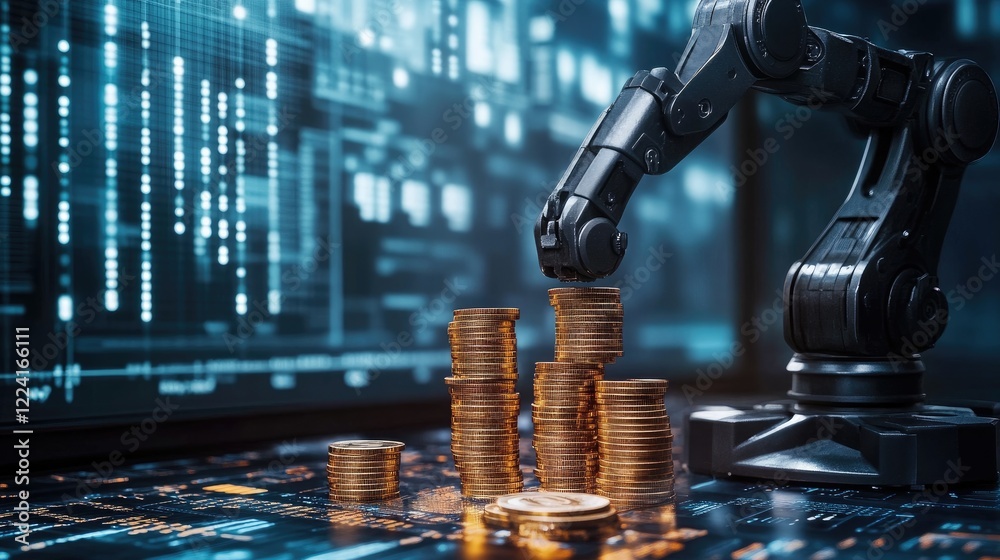 Poster Robotic arms stacking coins with precision against a high-tech, data-driven background, symbolizing automation and efficiency in financial processes