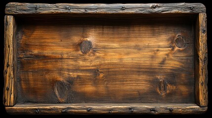 Rustic wooden tray, dark background, blank space, design element