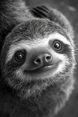 A baby sloth is smiling and looking at the camera