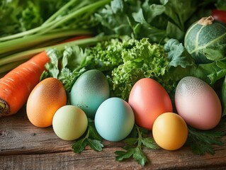 Colorful Easter Eggs on Display with Vegetables