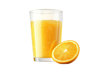 Glass of fresh orange juice with a sliced orange isolated on white or transparent, PNG
