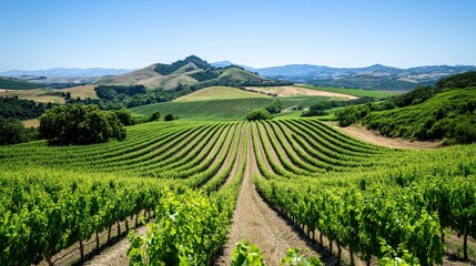 Beautiful vineyard rows stretching across lush green hills under a clear blue sky