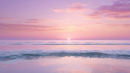 Obraz premium A serene pastel pink and lavender sunset over a calm ocean, with soft clouds and a faint reflection on the water, creating a dreamy and peaceful atmosphere