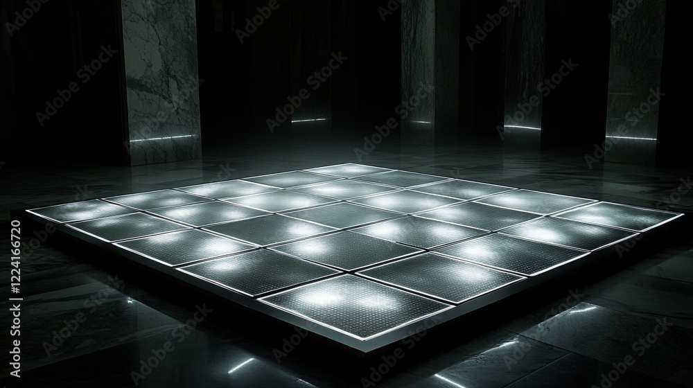 Poster morphing holographic grid showcasing intricate 3d shapes with luminous patterns in a dark setting