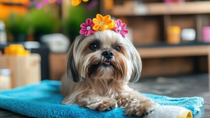 Shih Tzu dog with a colorful hair bow sitting on a towel at a dog spa, looking pampered and cute during a grooming session