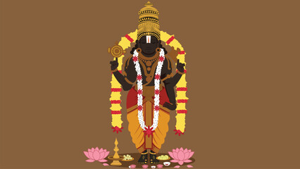 Lord Balaji (Venkateswara Swami) with Floral Decorations and Sacred Offerings