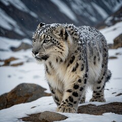 Obraz premium A snow leopard’s fur ruffling in the cold wind as it walks through a snowy canyon.