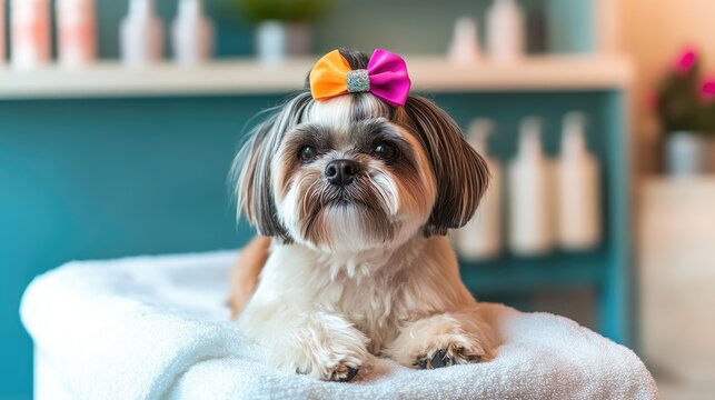 Shih Tzu dog with a colorful hair bow sitting on a towel at a dog spa, looking pampered and cute during a grooming session - Powered by Adobe
