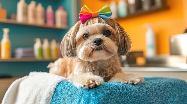 Shih Tzu dog with a colorful hair bow sitting on a towel at a dog spa, looking pampered and cute during a grooming session
