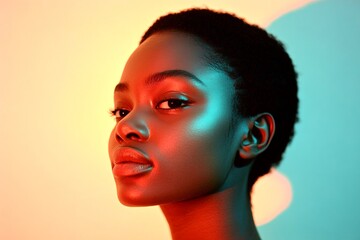 Short haircut - highlighted hair. Commercial promotion artwork. Lovely calm black girl - for ads, brochure and social platforms use. Black model in portraiture. Black woman advertising look.