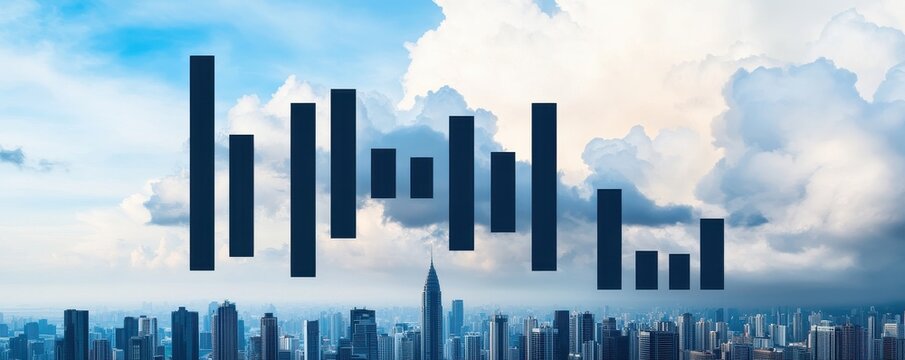 A city skyline under a cloudy sky, with abstract vertical bars overlaying it, suggesting themes of finance and growth.