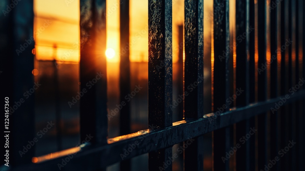 Poster steel bars casting intricate patterns as they reflect the warm hues of a sunset, creating a striking