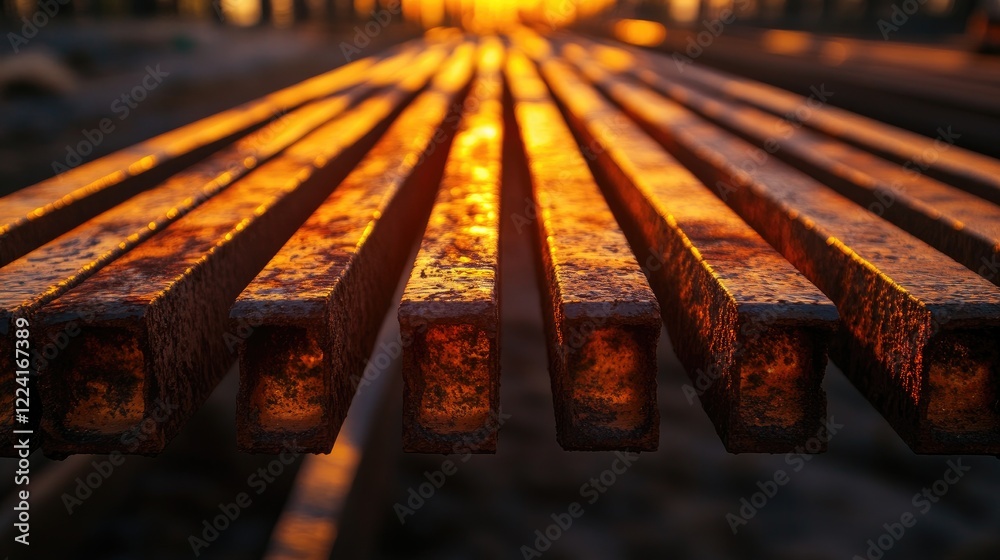 Poster steel bars casting intricate patterns as they reflect the warm hues of a sunset, creating a striking