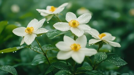Fototapeta premium Soft raindrops glistening on white petals with yellow centers, framed by natural greenery, showcasing the beauty and freshness of a garden after rainfall