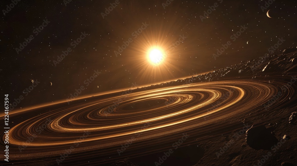 Poster Stunning view from the outer edges of the solar system, showing planets in perfect alignment with the sun casting golden light across the scene