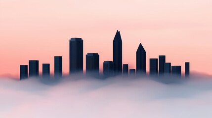 Fototapeta premium A silhouette of skyscrapers rises above a foggy landscape, bathed in soft pastel hues of sunrise.