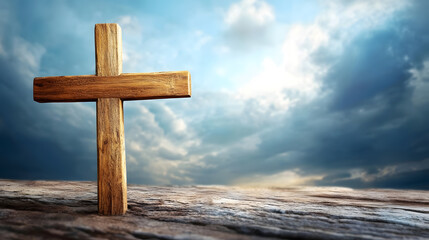 Rustic Wooden Cross Against Dramatic Skies Symbolizing Faith and Connection with Nature : Generative AI