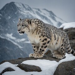Fototapeta premium A snow leopard gracefully climbing a rocky, snowy ledge toward the summit.