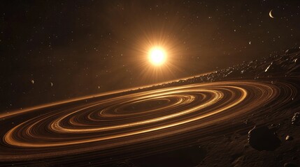 Fototapeta premium Stunning view from the outer edges of the solar system, showing planets in perfect alignment with the sun casting golden light across the scene