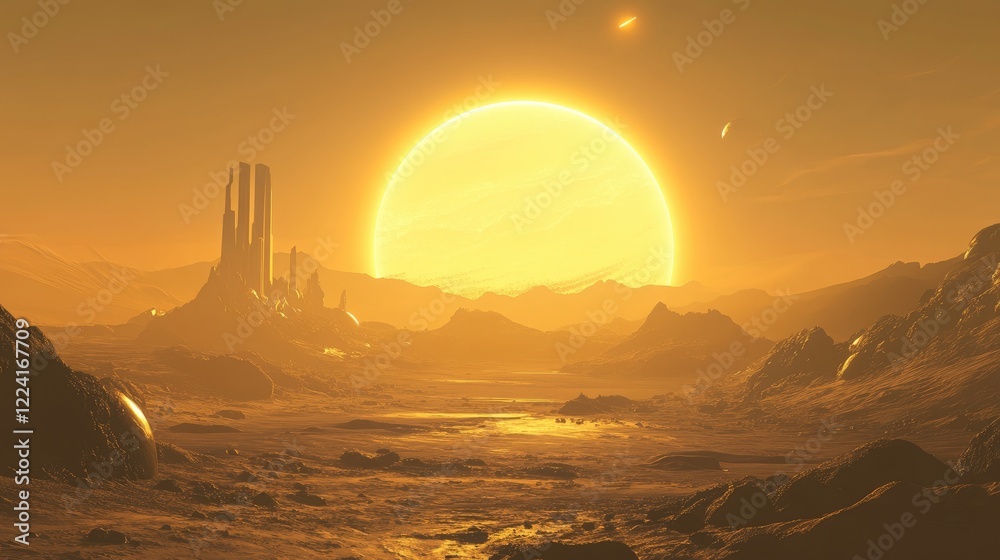 Poster Stunning view from the outer edges of the solar system, showing planets in perfect alignment with the sun casting golden light across the scene