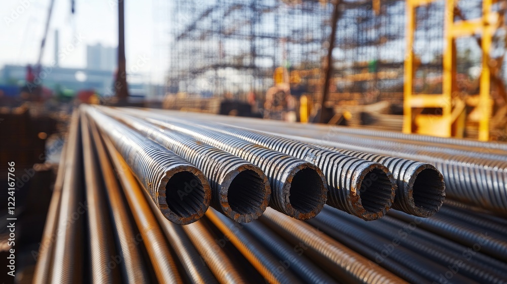 Poster sunlight glinting off steel bars at a construction site, with scaffolding in the background, creatin