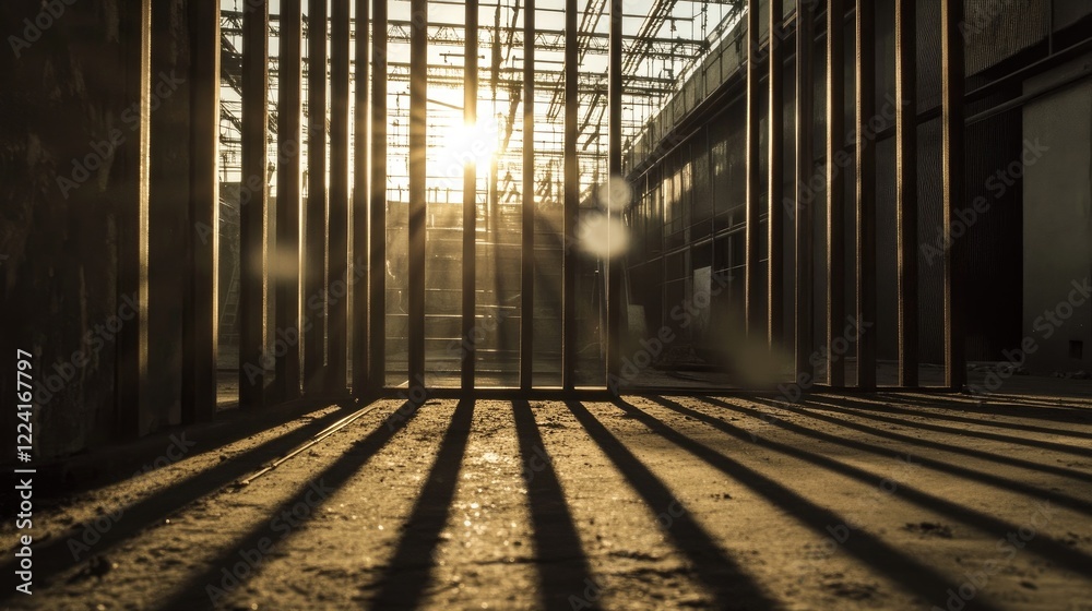 Poster sunlight shining off steel bars at a construction site, with scaffolding in the background, emphasiz