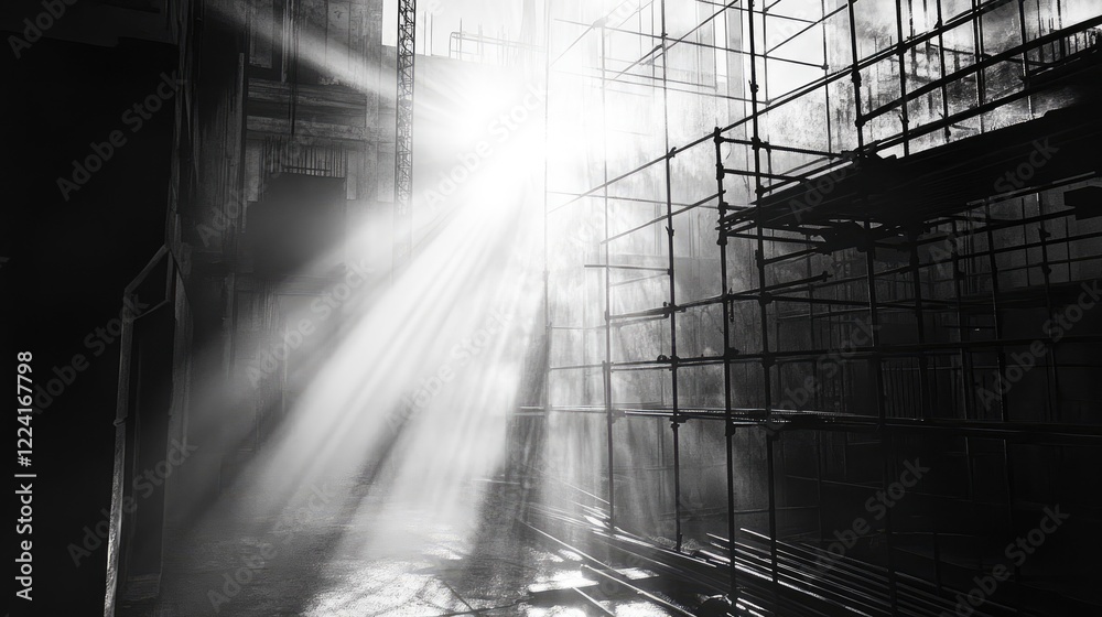 Poster sunlight shining off steel bars at a construction site, with scaffolding in the background, emphasiz