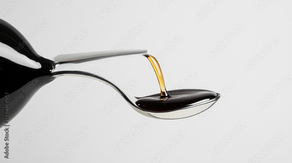Poster syrup gently poured into a shiny silver spoon from a bottle, set against a minimalist white backgrou
