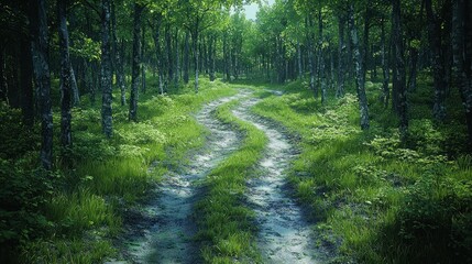Obraz premium Serene Forest Path: A Digital Painting of a Winding Trail Through Lush Greenery