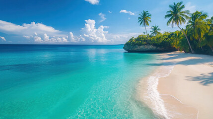 Fototapeta premium Spring break holiday concept. Tropical beach with turquoise waters, white sand, and palm trees under sunny sky