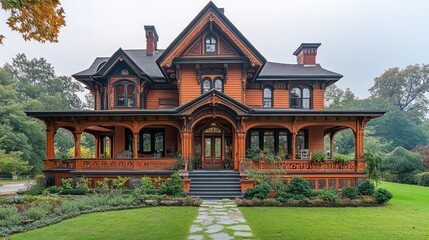 Fototapeta premium Magnificent Victorian Mansion: Architectural Gem in Autumnal Setting