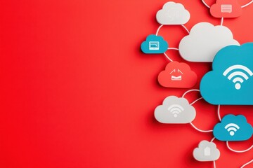 The image features cloud icons in various colors and designs, interconnected with network lines against a vibrant red background.