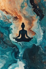 Fototapeta premium Serene Silhouette of Meditating Figure Amidst Vibrant Abstract Swirls of Blue and Orange