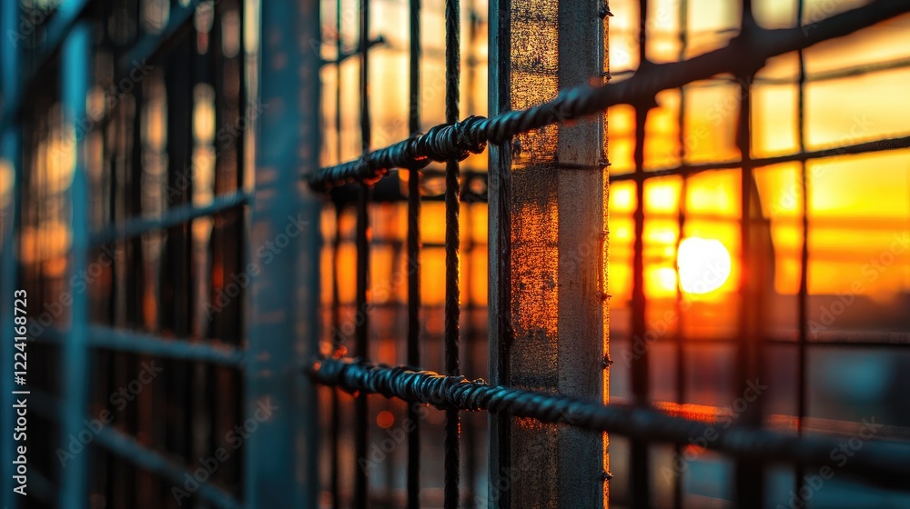 Aufkleber The warm colors of sunset reflecting on steel bars, creating complex patterns and textures in the foreground of an industrial setting