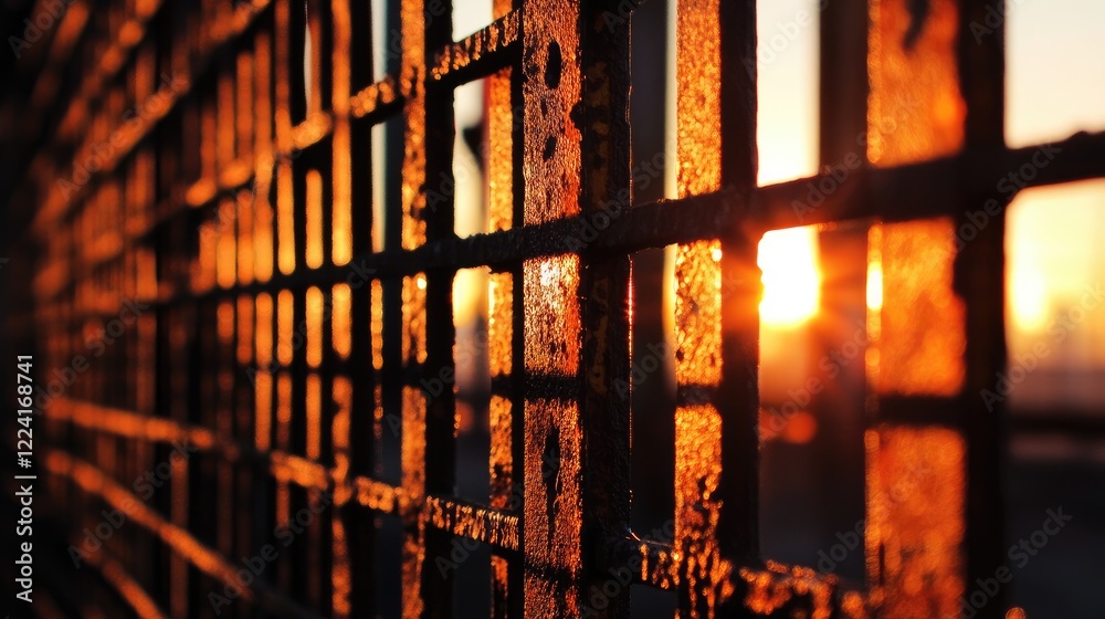 Poster The warm colors of sunset reflecting on steel bars, creating complex patterns and textures in the foreground of an industrial setting